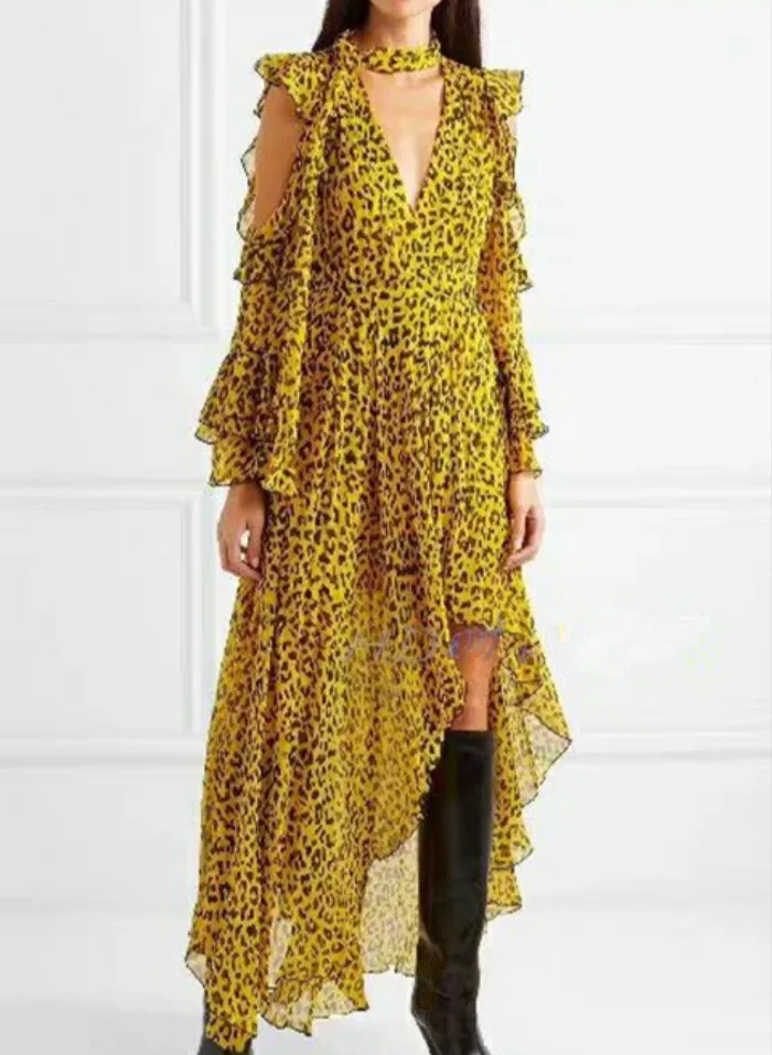 Runway 2019 Summer Maxi Long Dresses Chiffon Luxury Leopard Print Irregular Collection Sexy V-neck Hollow Out Back Ruffles Dress | Женская