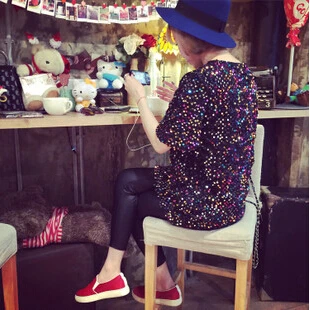 Женская футболка новинка 2015 высокой моды блестками длинный участок толстые