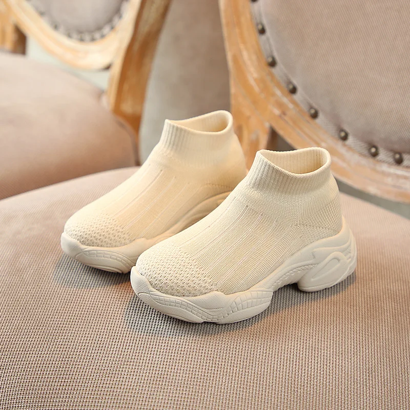Beige Весна, модные носки для девочек и мальчиков, кроссовки для малышей, маленьких и больших детей, повседневные кроссовки без шнуровки, Детская вязаная школьная Брендовая обувь - Color: Beige