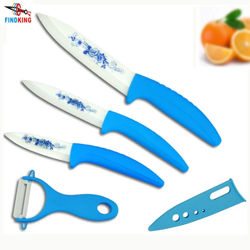 3 pcs n 1 peeler Красивые подарки, циркониевый кухонный керамический нож, набор ножей для фруктов " 4" " 6" дюймов с голубым цветочным принтом+ Овощечистка+ Чехлы - Цвет: 3 pcs n 1 peeler