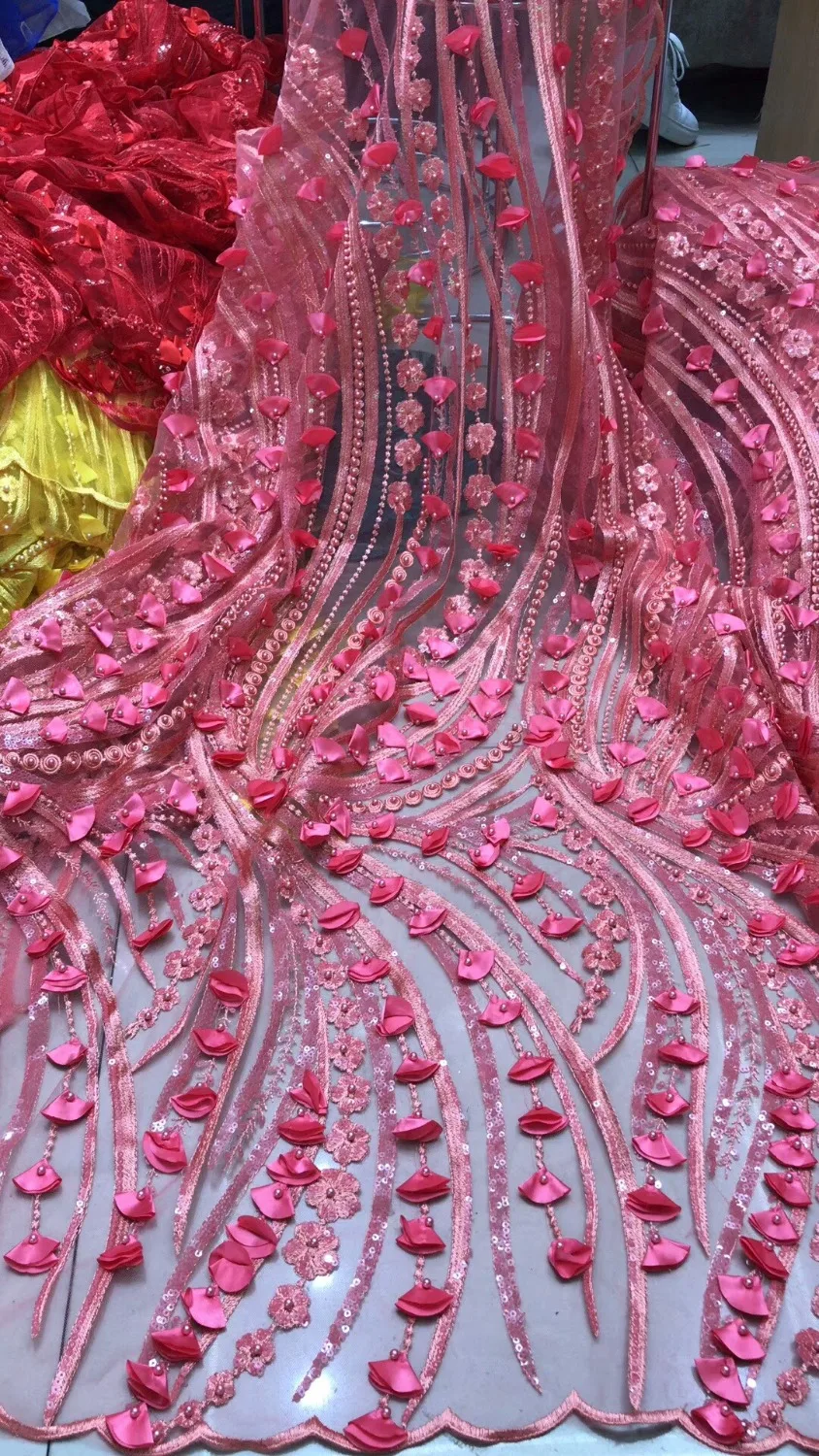 Yellow 3D Applique tulle french lace fabric beaded african nigerian fabrics for wedding party dress f10-12zj | Дом и сад