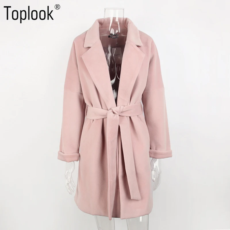 Toplook Винтаж Розовый шерстяной пояс зимнее пальто 2017 женская обувь Твердые