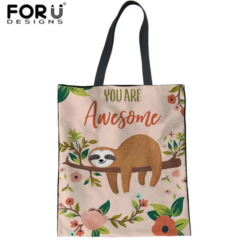 

FORUDESIGNS Shopper Bags for Women Cute Animal Sloth Printed Linen Female eco Tote Shoulder Bags Mom Reusable Shipping Bags 2018