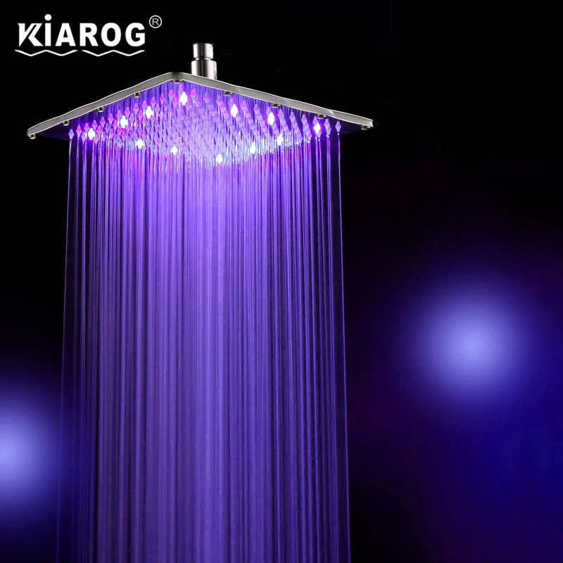 

12 Inch LED Square Stainless Steel Shower Head Big Rainfall Bathroom Ultra Thin Shower 3 Colors Change 30cm*30cm Wall Mounted