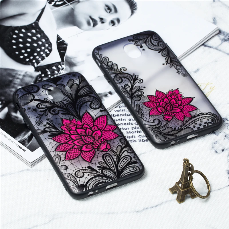 For Samsung Galaxy J4 2018 Case Lace Floral Phone Cases Black Rose Relief Hard PC Back Cover for Fundas J400F |
