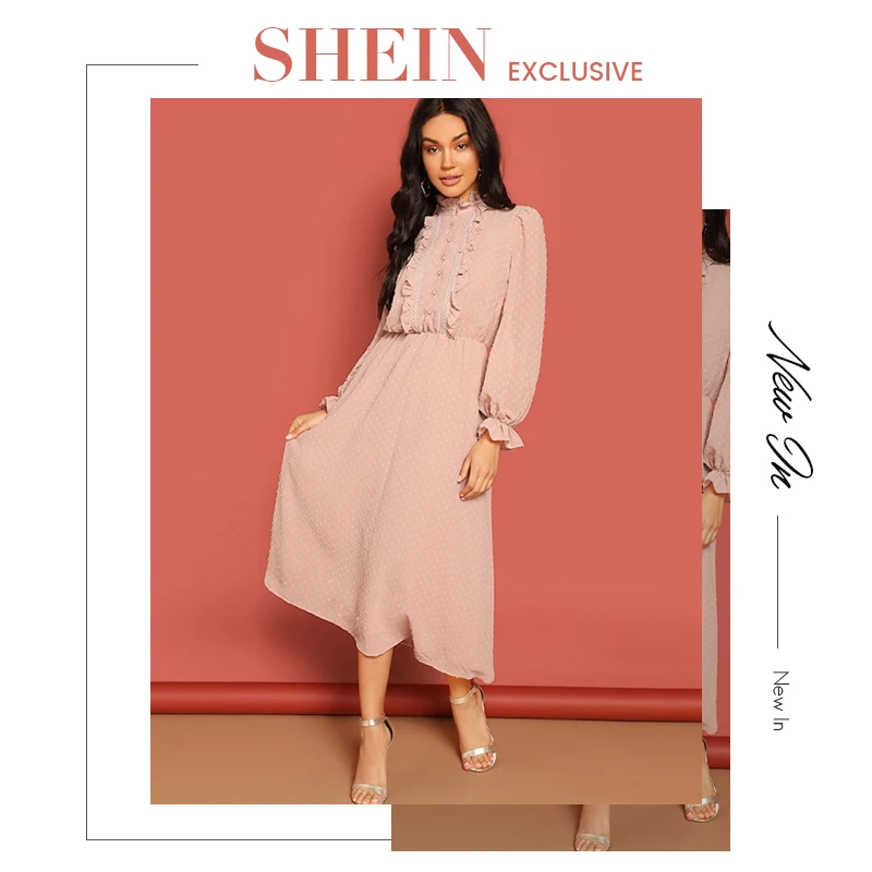 SHEIN Frill and Lace Trim Half Placket Dot Jacquard Long Dress Stand Collar Midi Dress Women Long Sleeve A Line Elegant Dress