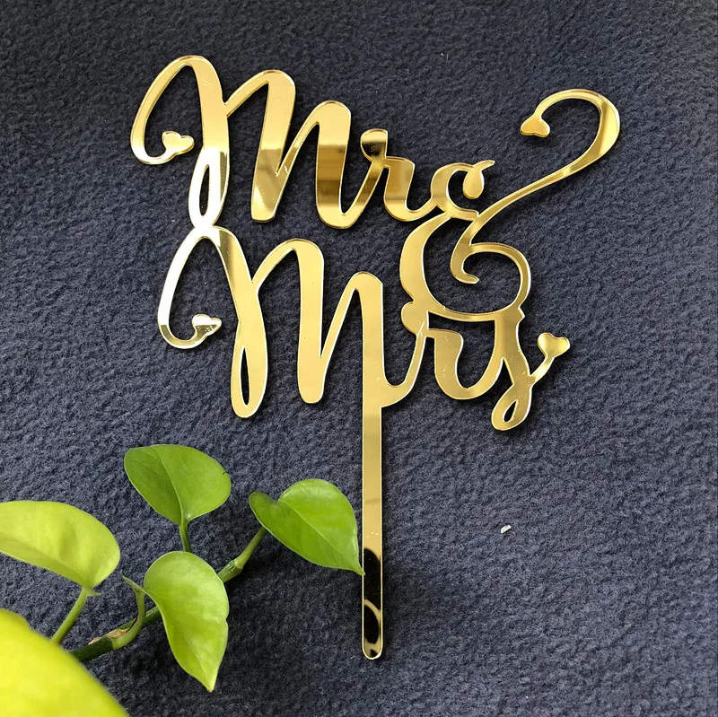 Зеркальный золотой свадебный торт Mr & Mrs Топпер для свадебных декораций золотые