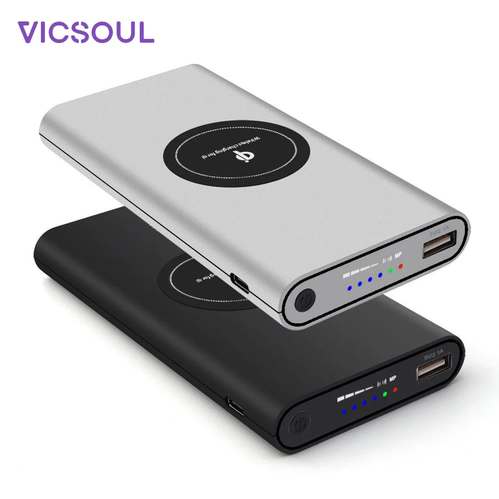 VicSoul 10000mAh QI Power Bank 5 V/2.1A Беспроводная зарядка Powerbank цифровое светодиодное