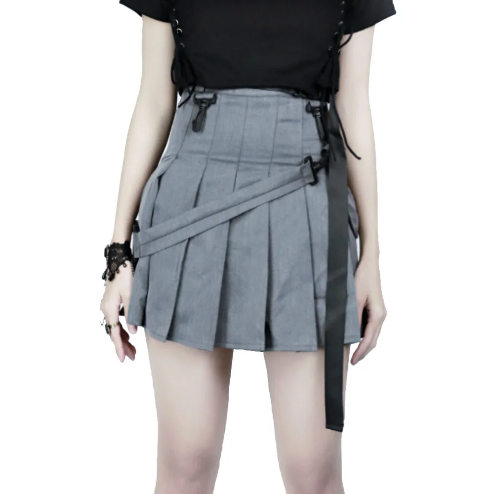 

Punk Women Gray Pleated Skirts with Belt Sexy High Waist Casual Short Skirt Preppy Style Mini Skirts For Girls