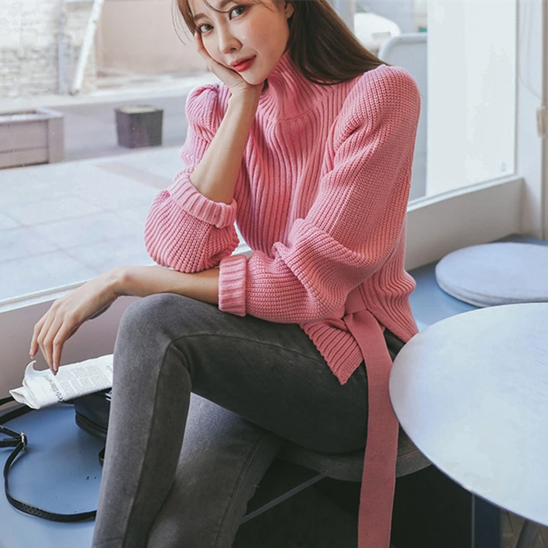 Elegant Women Turtleneck Knitted Sweater Fashion Lace-up Puff Sleeve Slim Autumn Pullover Casual Femme Winter Jumper | Женская одежда