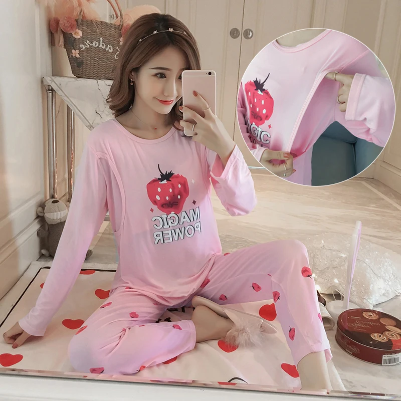 

Dollplus New Pajamas for Pregnant Women Spring Summer Long Sleeved Pregnant Nightgown Maternity Pajamas Cotton Nursing Pajamas