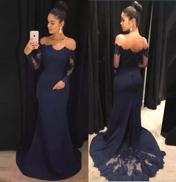Navy Blue Платья подружки невесты с открытыми плечами, длинные рукава, аппликация, шифон, кружева, шлейф, платья для выпускного вечера, темно-синие, Русалка, труба, горячая Распродажа - Цвет: Navy Blue