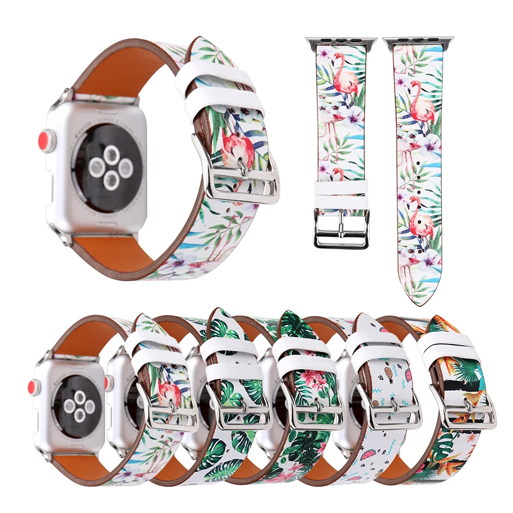 Модный ремешок из натуральной кожи с принтом фламинго для Apple Watch 42 мм 38 серия 4/3/2/1