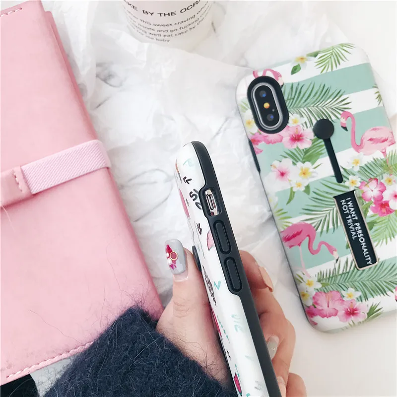 JiBan Fashion Flamingo Case For iPhone X Cover Cute Pink Vintage Soft Finger Ring Animal Back Phone Shell 6s 7 8 plus |