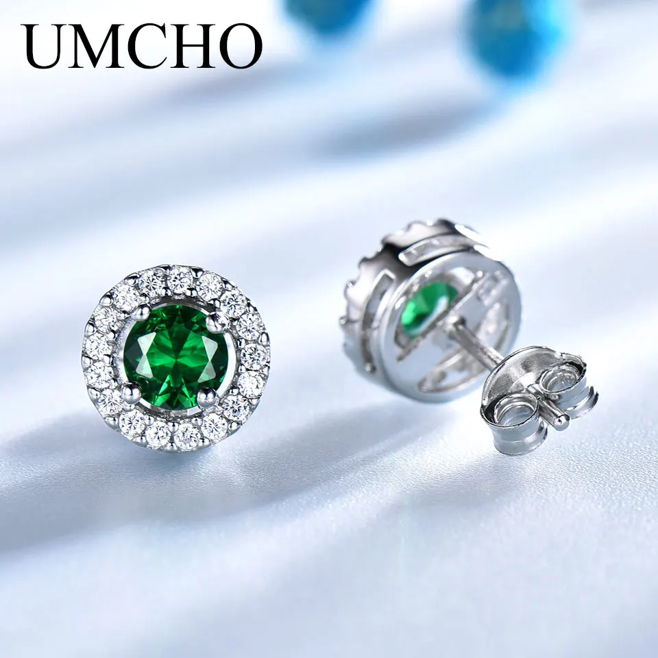 UMCHO Princess серьги-гвоздики нано изумруд драгоценный камень 925 пробы серебряные серьги для женщин Классический Круглый драгоценный камень хорошее ювелирное изделие