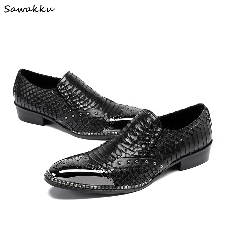 Luxury Design Elegant Formal Shoes For Men Embossed Leather Dress Rivets Slip On Black Causal Loafers Plus Size 46 | Обувь