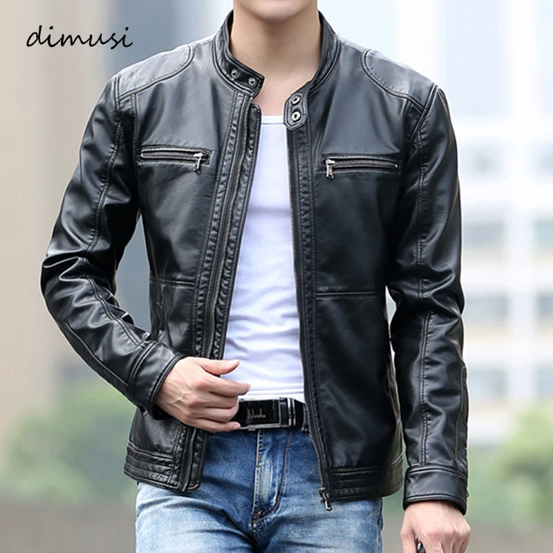 Мужская кожаная куртка DIMUSI облегающая Короткая с воротником стойкой
