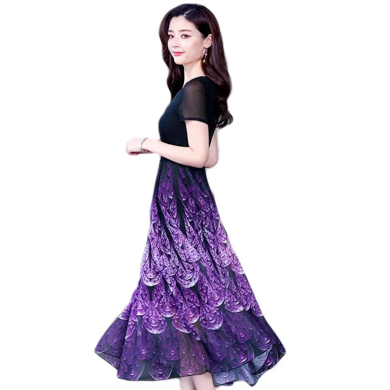 Women Summer Dress Plus Size Short-sleeved Chiffon Sunflower Long Slim Waist Rockabilly E199 | Женская одежда