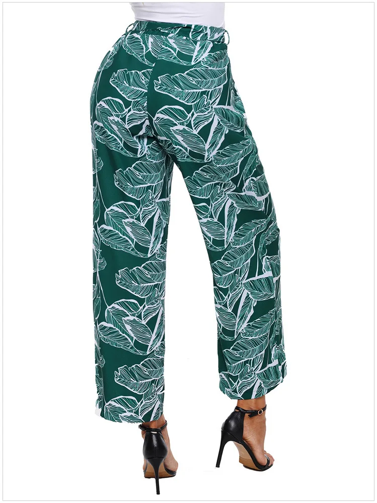 Модные свободные женские широкие брюки с высокой талией на шнуровке 2018 цветочным