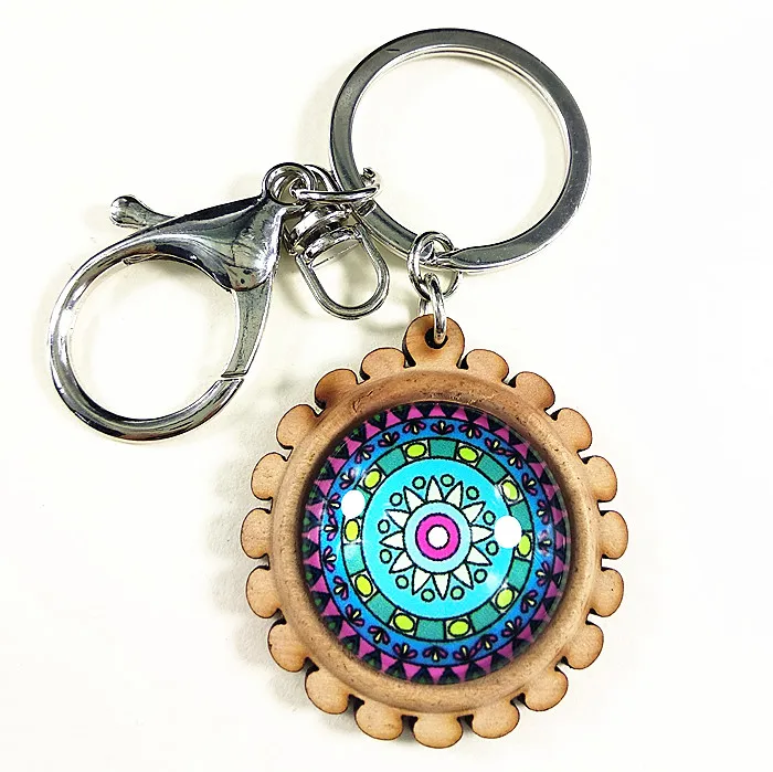 1pcs Bandanna Paisley Keychain Mandala Flower Vintage Key buckle Wood Tray base Buddhist cultural for men women party gift | Украшения и