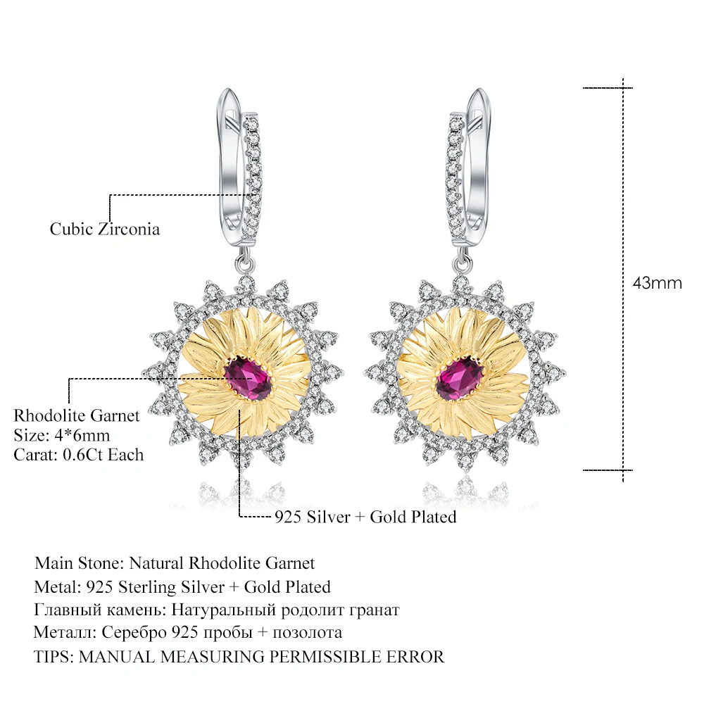 GEM'S BALLET 1.20Ct Natural Rhodolite Garnet Sunflower Drop Earrings 925 Sterling Silver Handmade for Women Brincos | Украшения и