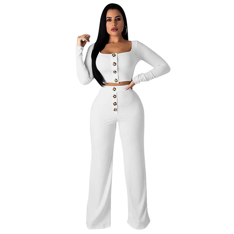 2019 spring and autumn fashion sexy low collar long-sleeved button open navel set milk silk high waist trousers ladies two-piece | Женская