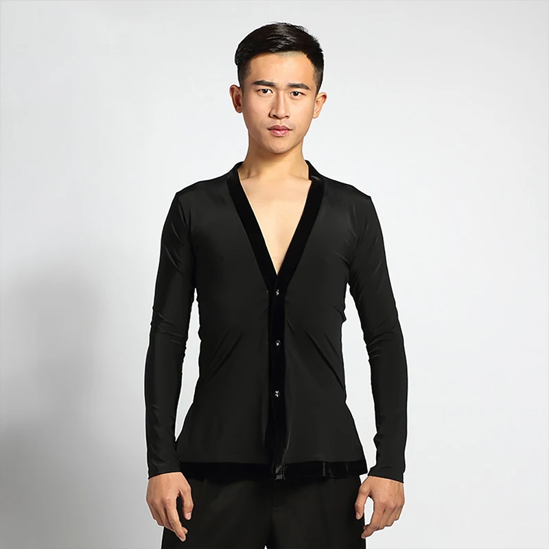

Cheap Latin Dancing Shirts For Male Black Color Button Velvet Tops Men Adult Modern Chacha Ballroom Indian Tango Clothes Q11133