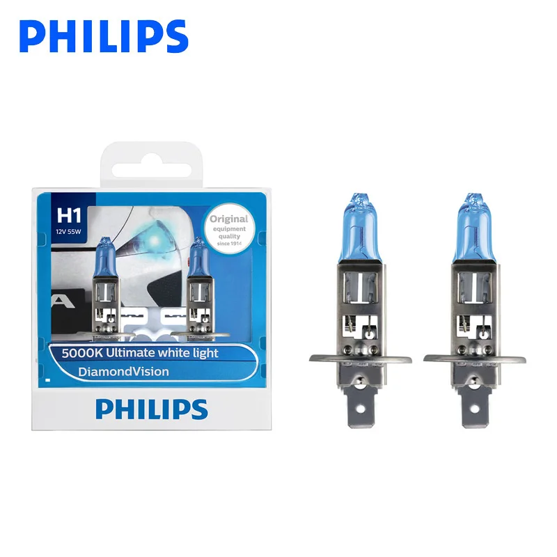 

Philips H1 12V 55W P14.5s Diamond Vision 5000K Xenon Super White Light Halogen Bulbs Car Headlamp 12258DV S2, Pair