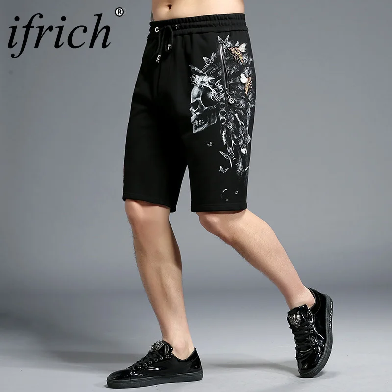 

Ifrich 2018 мужские хлопковые шорты, повседневные мужские шорты с принтом черепа и эластичной талией, летние пляжные шорты черного цвета, размер...