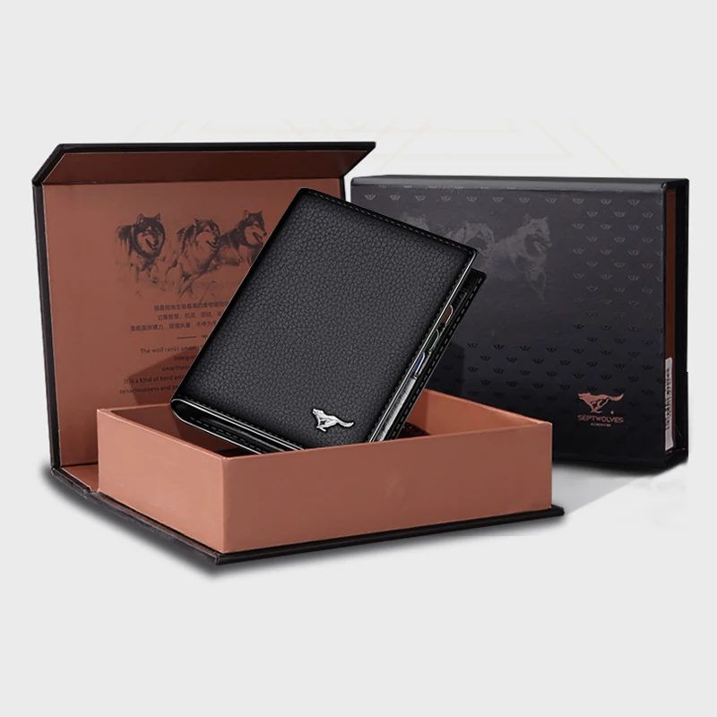 SEPTWOLVES натуральная кожа двустворчатый кошелек черный вертикальный дизайн
