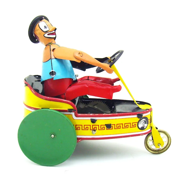

[Funny] Adult Collection Retro Wind up toy Metal Tin tricycle clown car driver Clockwork toy figure model vintage toy kids gift