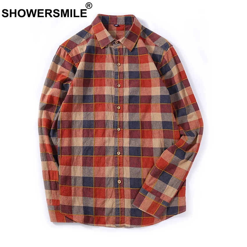 Рубашка SHOWERSMILE Мужская в клетку фланелевая Повседневная сорочка с длинным