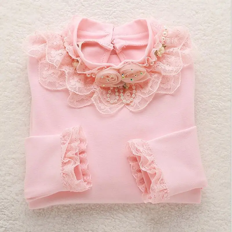 pink two flower Школьные рубашки для девочек-подростков; сезон осень-зима-весна детские кружевные топы и блузки с длинными рукавами и цветочным рисунком для девочек одежда для малышей; JW2623A - Цвет: pink two flower