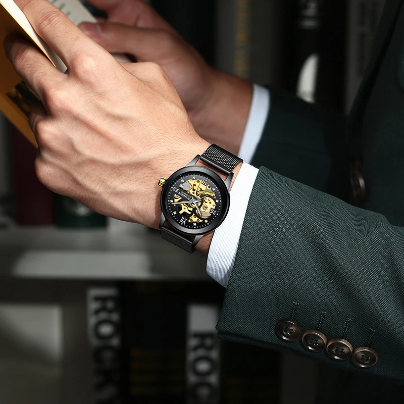 FNGEEN мужские светящиеся механические часы Скелет автоматические из нержавеющей