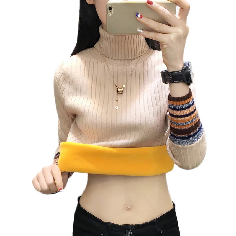 Winter Turtleneck Sweater Pullover Women New Plus Velvet Warm Slim Pull Knit Bottoming Shirt Long-sleeved Jumper Female | Женская одежда