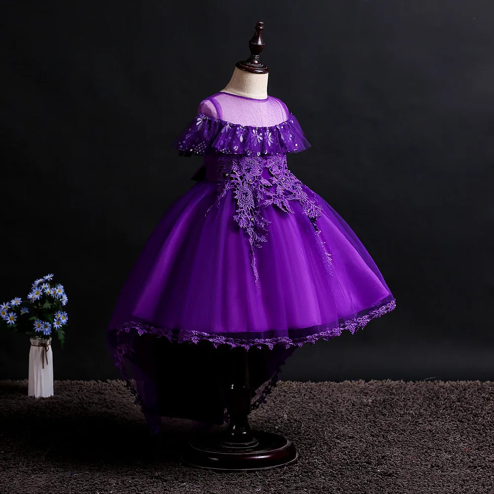 Fashion Short Front Long Back Children Birthday Party Dresses Girls New Red White Purple Flower Girl Wedding Dress for Kids | Детская