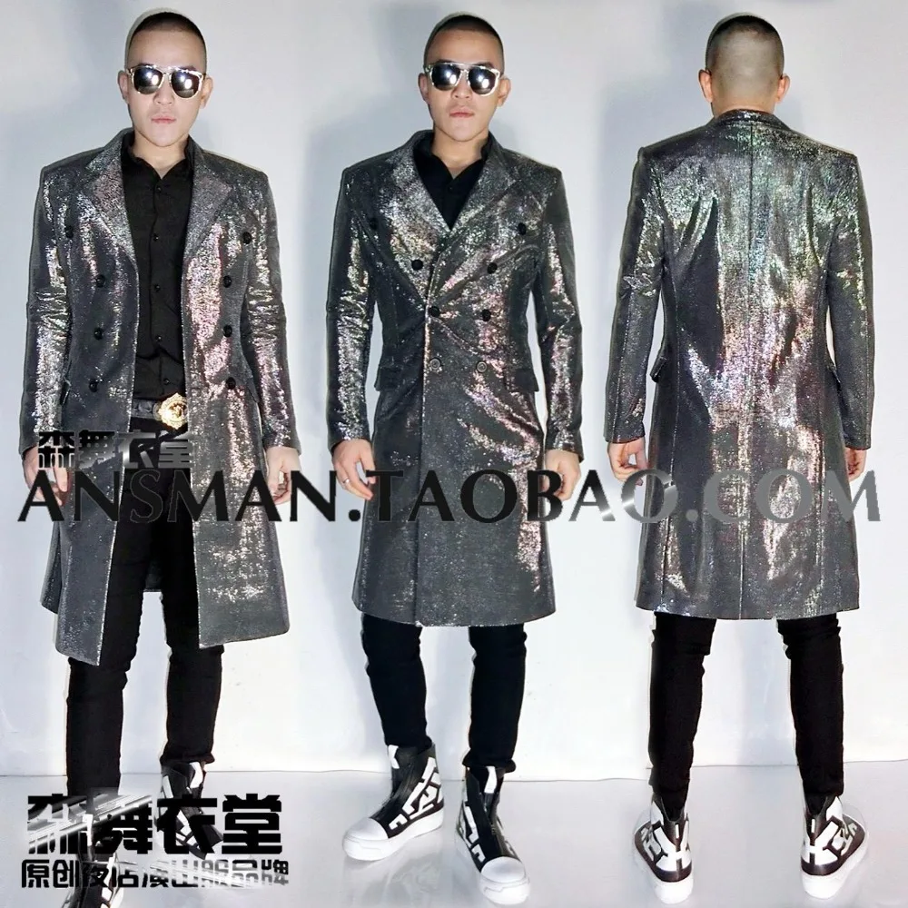 Men's Silver Super Flash Long Double-breasted Suits Coats Costumes Nightclub DJ Male Singers GD Stage Dresses | Мужская одежда