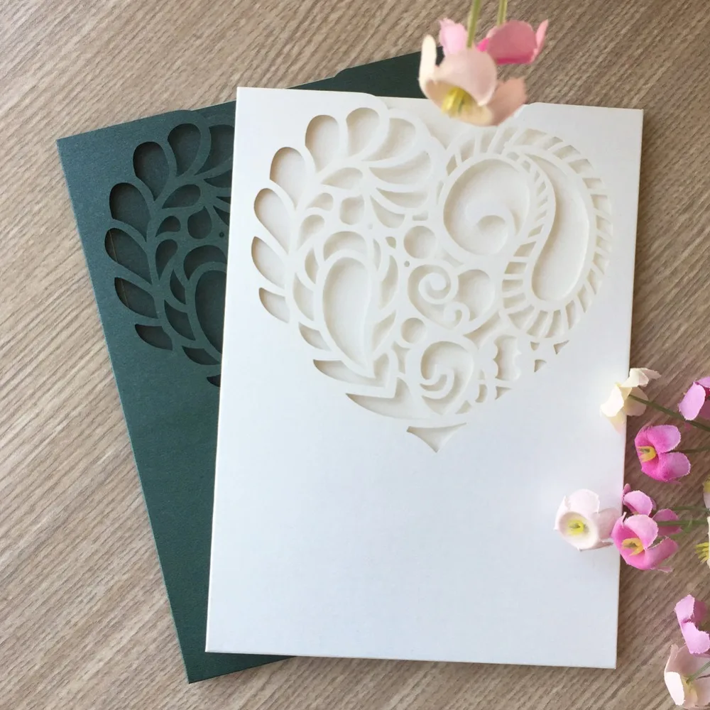 

50Pcs Pearl paper Hollow Pretty Heart Pocket Design Wedding Invitation Card Birthday Party Invitation card