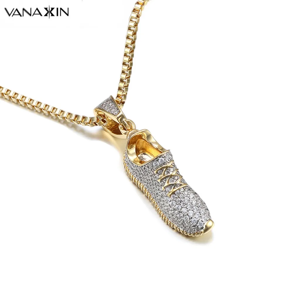 

VANAXIN Sport Shoes Pendant Necklace For Women&Men Ice Out Inlay CZ Charms Gold/Silver Color Jewellery Box Engagement Gift 24''
