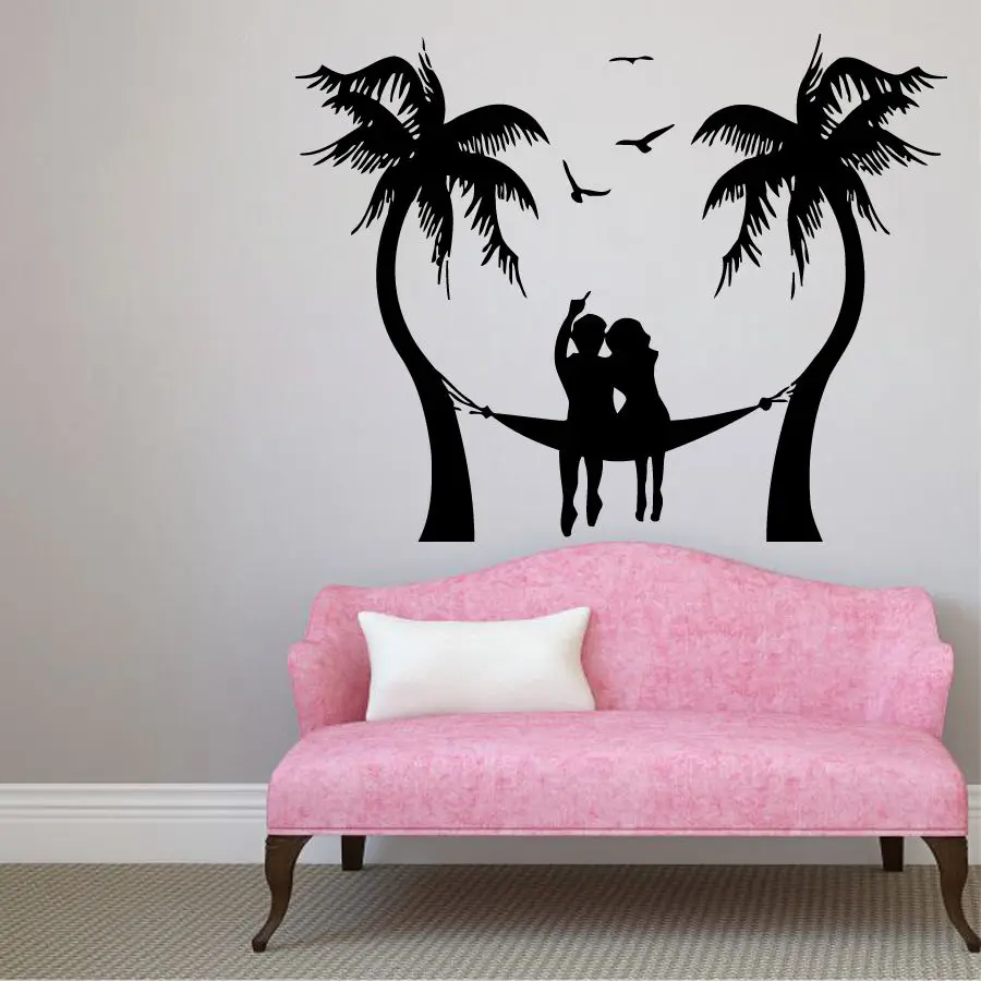 Beach seagull palm tree vinyl wall sticker couple relax travel seaside bathroom school dormitory home art deco mural 2CL8 | Дом и сад