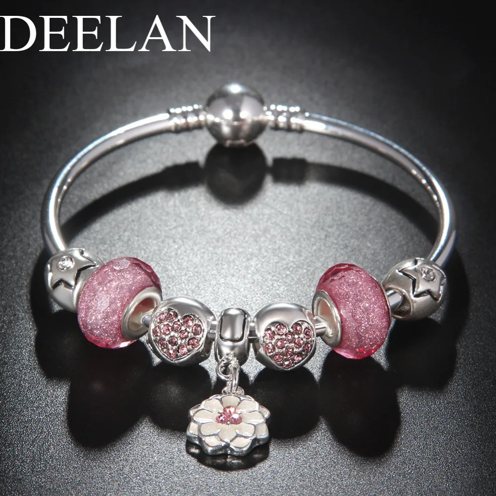 DEELAN fashion Silver Color Charm Bracelets &amp Bangles For Women Trendy Crystal Pink Glass Beads Bracelet jewelry Girl Cute Gift |