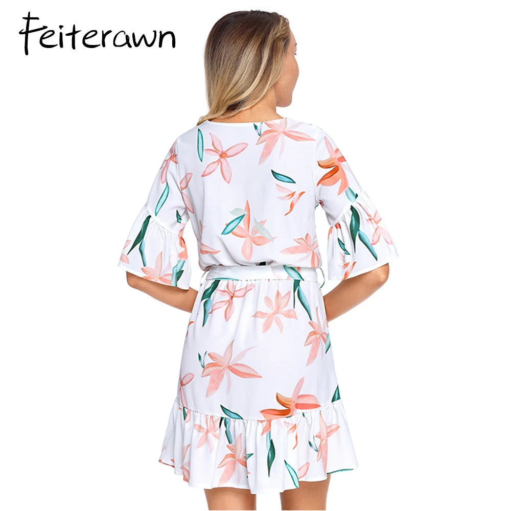 Feiterawn 2018 Весна Женщины платье элегантные модные черный цветочный узор рюшами
