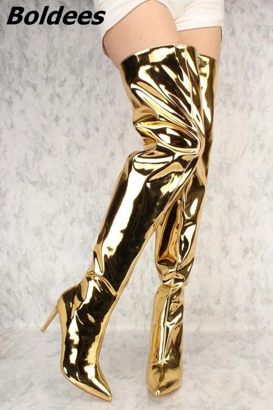 2017 осенние женские сапоги до бедра золотистого цвета с острым носком на высоком