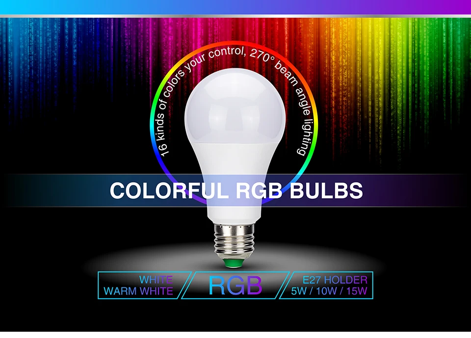 RGB светодиодный светильник с регулируемой яркостью 5 Вт 10 Вт 15 Вт E27 AC85-265V 16 цветов сменный светодиодный RGB Освещение с функцией памяти+ ИК-пульт дистанционного управления