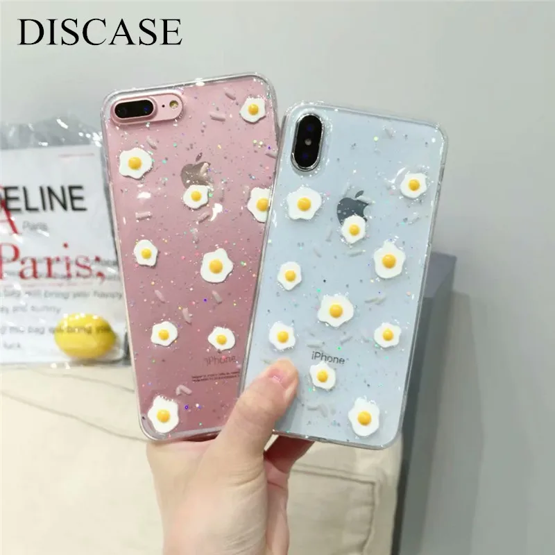 Деловой чехол для телефона DISCASE для iPhone X 8 7 6 6s плюс с простым веселым едой в виде яичного жареного риса из блесток TPU прозрачный мягкий корпус крышки на.