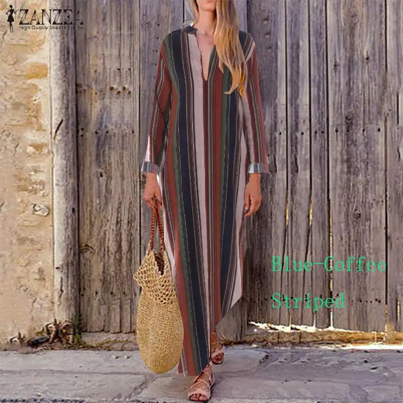 1 BlueCoffee Striped Женский сарафан в полоску размера плюс, модное богемное Платье макси с длинным рукавом, женское платье с принтом, женское платье с v-образным вырезом, платье-кафтан - Цвет: 1 BlueCoffee Striped