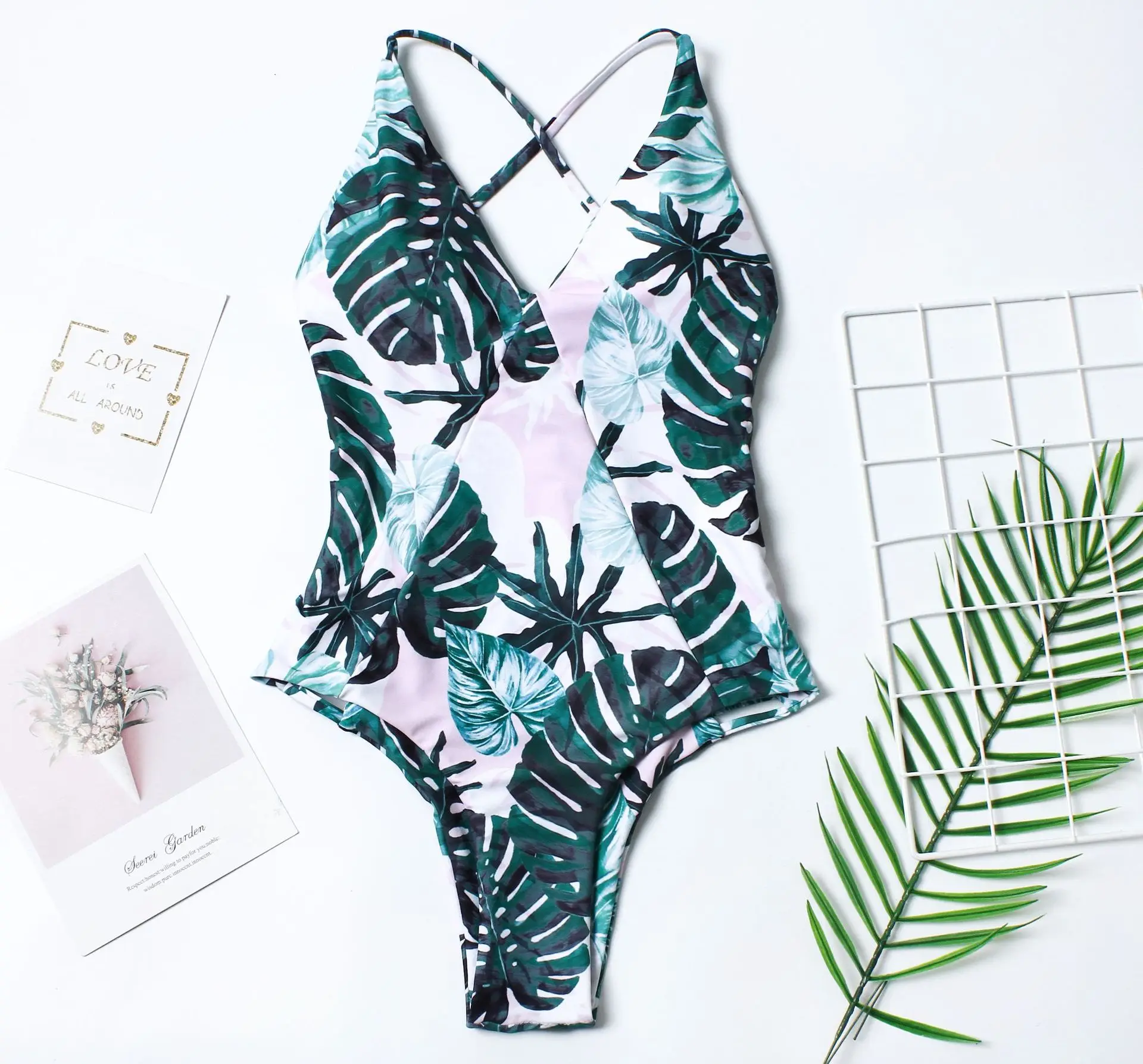 Слитный купальник с принтом зеленых листьев Женский монокини глубоким V образным