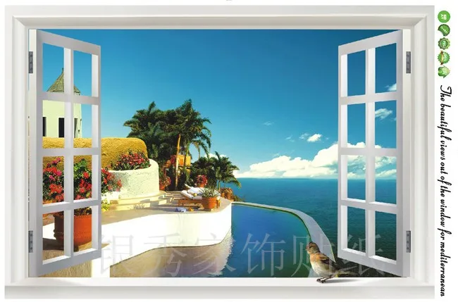 3D пейзаж Средиземноморский вид на окно наклейка стену домашний декор настенная