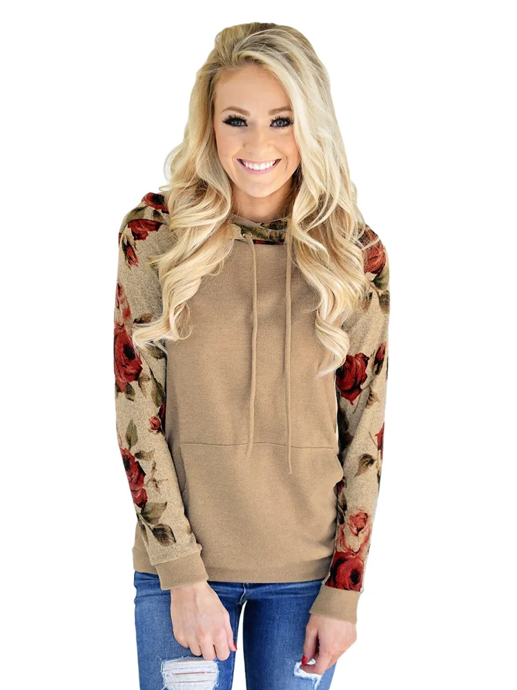 Осень-зима толстовка 2018 женская с карманом принтом Лоскутная повседневная