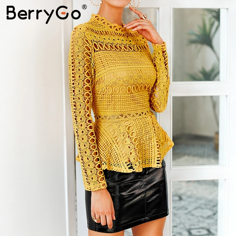 BerryGo, элегантная кружевная белая блузка с баской, рубашка,, с рюшами, с длинным рукавом, модная женская блузка, женская, Осень-зима, топ, для офиса, леди